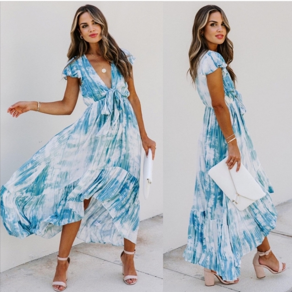 VICI Seaside Hi High Low Maxi Dress Tie Front Cap Sleeve Blue White Deep V Large